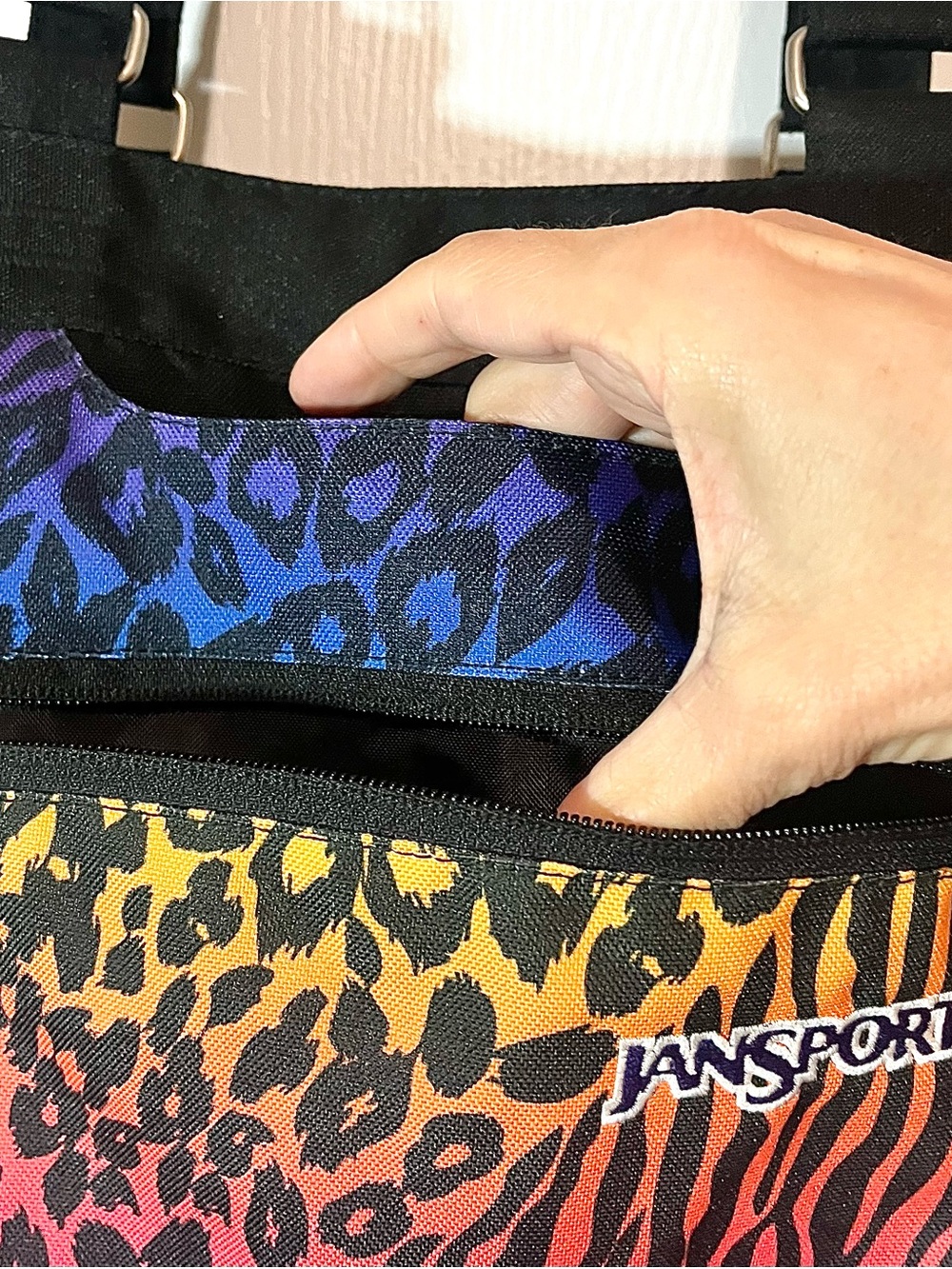 Jansport Rainbow Animal Print Tote in Purple Pink Orange Blue - Picture 4 of 8
